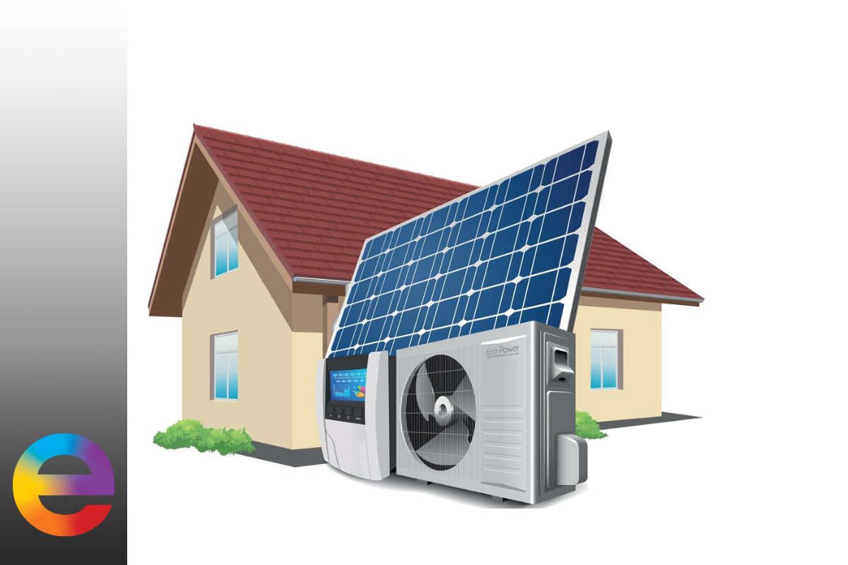 Obrázek tepelného čerpadla společně s fotovoltaickými panely v rodinném domě.